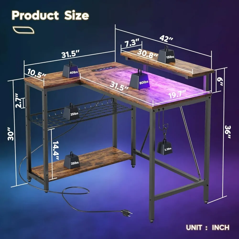 Small L Shaped Desk with Charging Port & LED Strip,Modern Computer Desk with Reversible Storage Shelves,Corner Desk