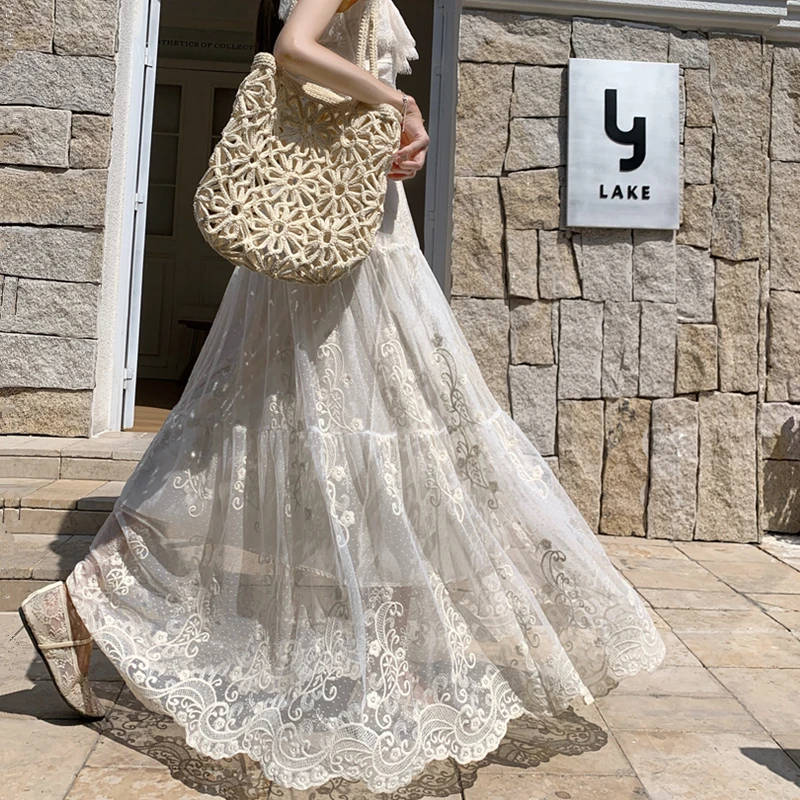 Elegant Long A-Line Skirt with Heavy Embroidery Lace Net Half-length Women's Floor-length Base Skirt Elegant Tulle Skirt