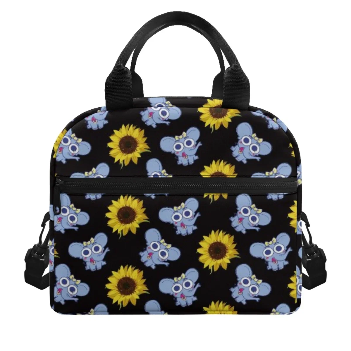 

New Fashion Kawaii Elephant Sunflower Woman Double Layer Lunch bag Smooth Zipper Strap Sophisticated and Durable Insulated Bags