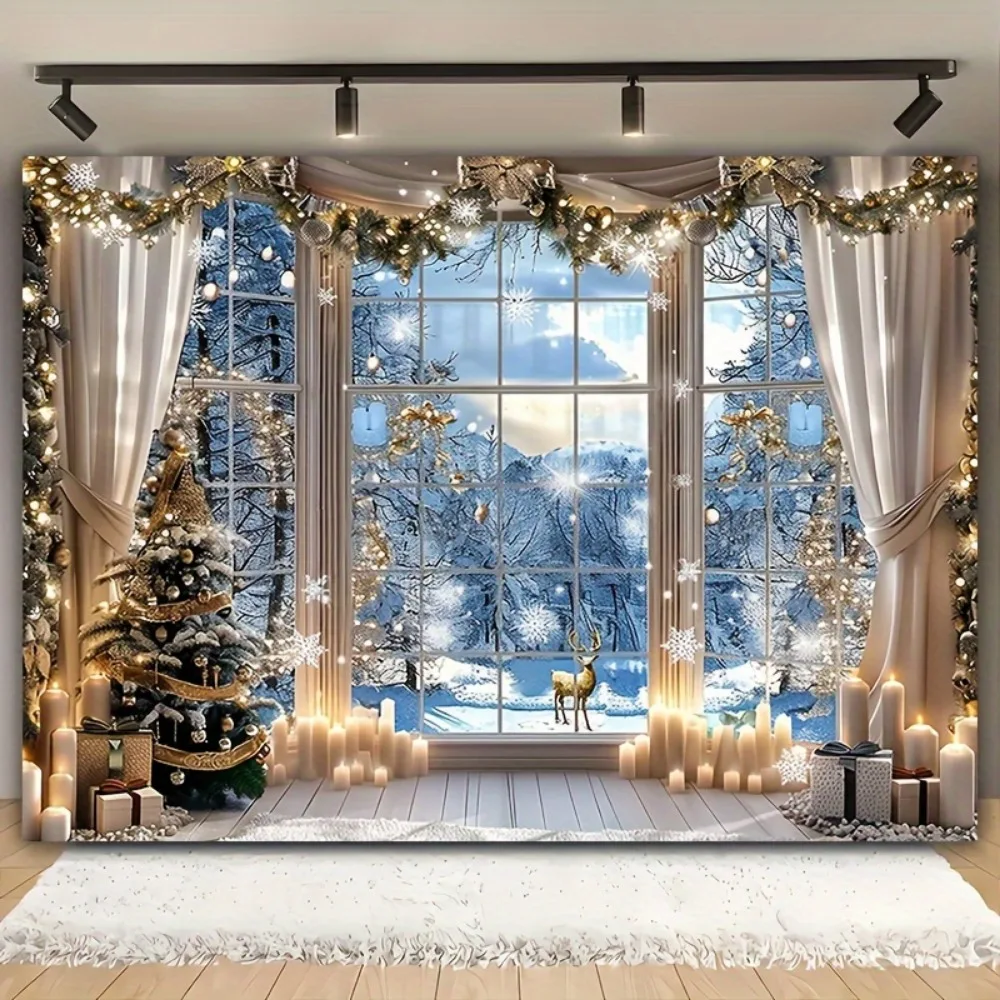 Weihnachtsfeier-Hintergrund – verschneiter Winter mit goldenen Akzenten, geeignet für Wohnzimmer- und Außendekoration