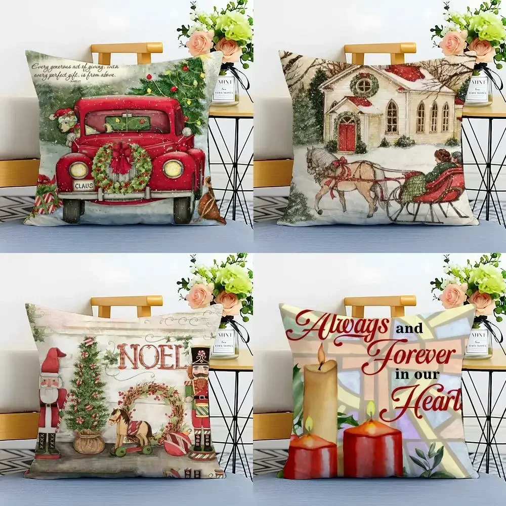 Christmas Red Candle Cushion Cover Linen Minimalist Soft  for Sofa Bed Home Room Decor