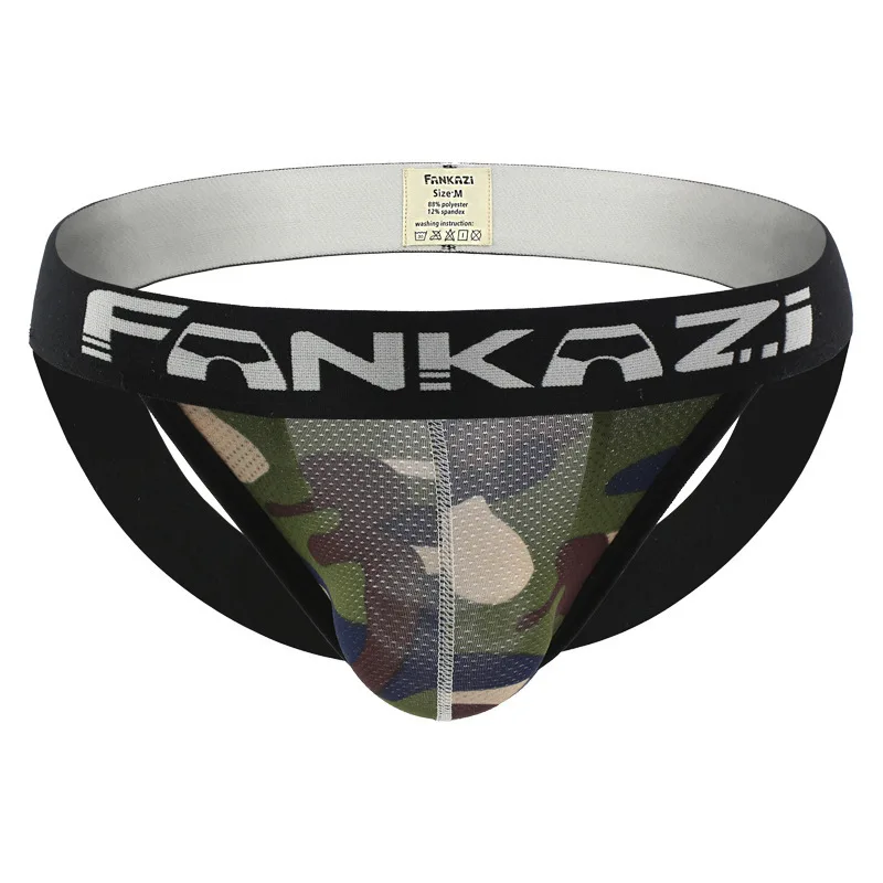Men Sexy U Convex Pouch Underwear with Buttock Lifting Double Thong Camouflage Print Bottom Lingerie Youth Fashion Tangas Hombre