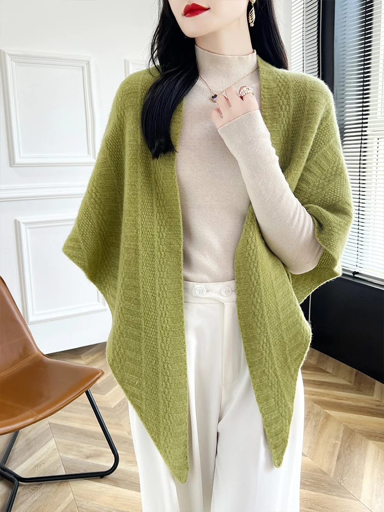 

Spring Women's Wool Shawl Cardigan 100% Merino Wool Knitwear Autumn Winter Pure Wool Sweater Comfortable Soft Casual Shawl Coat