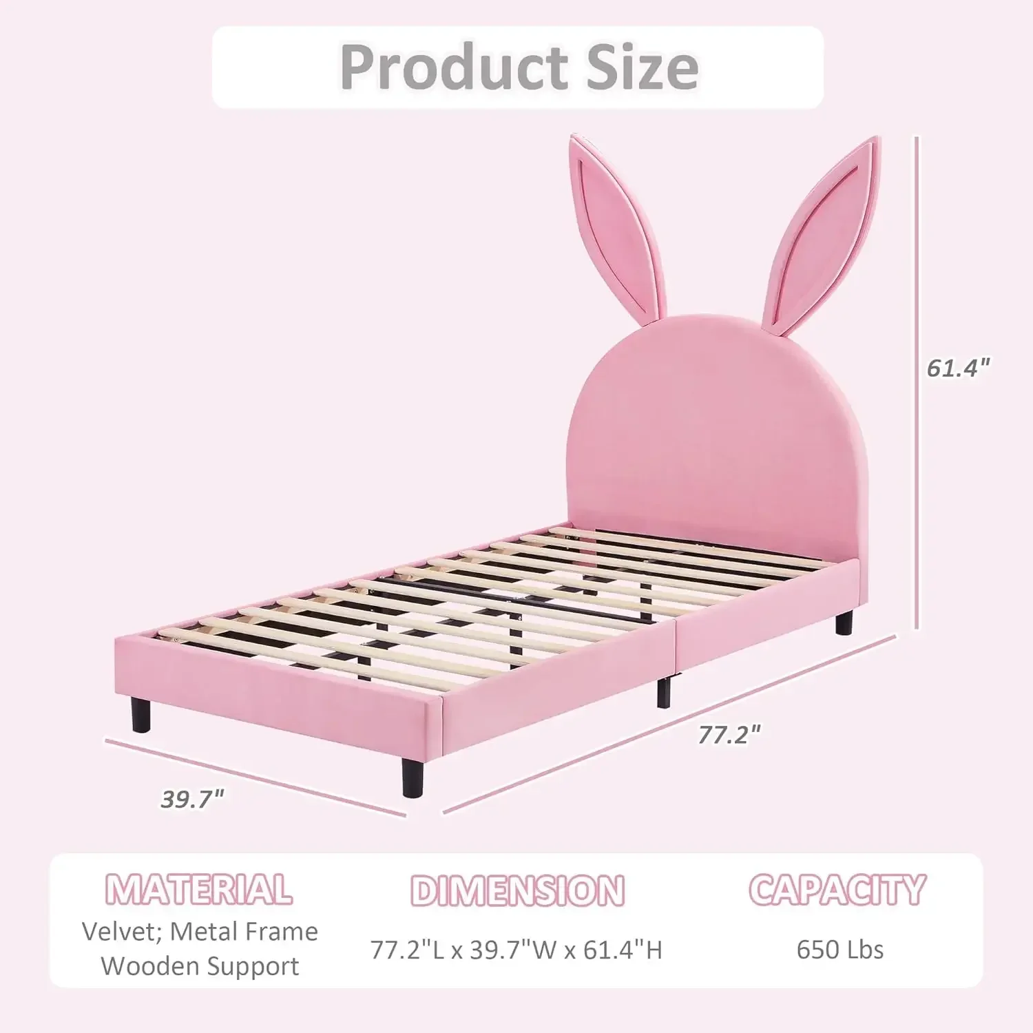 Pink Twin Bed Frame with Bunny Ear Headboard, Upholstered Velvet Padded for Girls, Sturdy Wood Slats, No Box Spring Needed