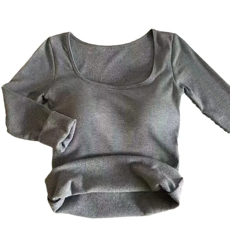 المرأة طويلة الأكمام صوف مبطن قصيرة سميكة الدافئة تي شيرت الكورية نمط سليم صالح قاعدة قميص U الرقبة لخريف شتاء