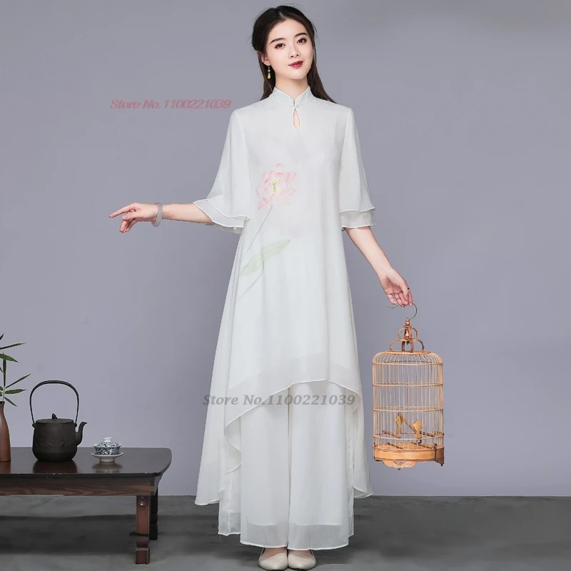 2024 traditional chinese vintage set national flower print qipao dress+pants set oriental tea service hanfu set meditation suit