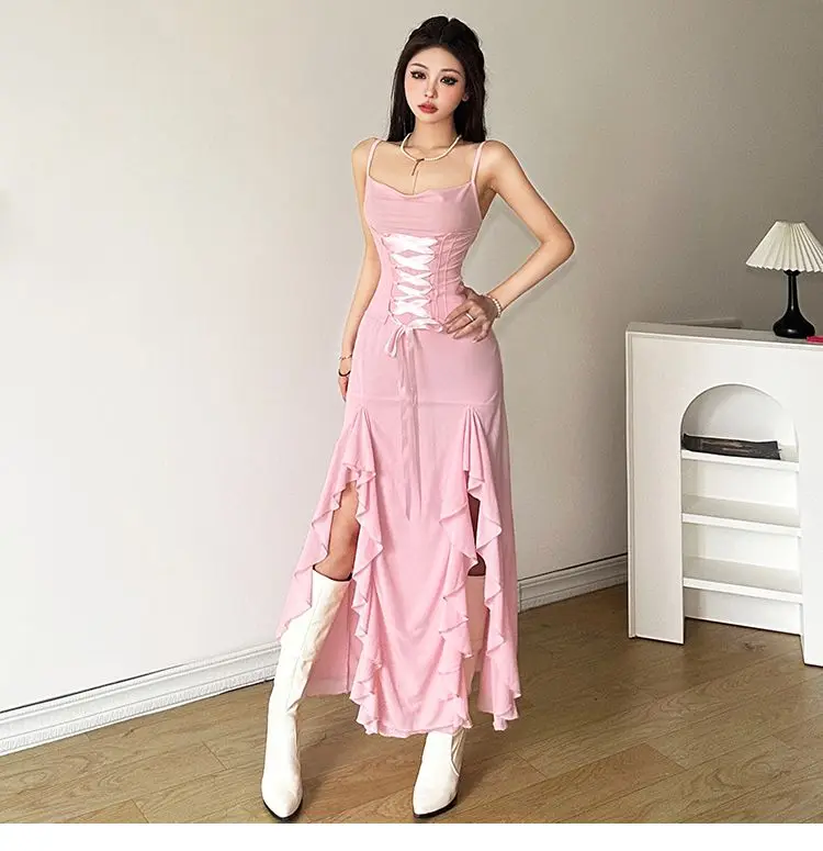 Hosenträger Kleid gekräuselt unregelmäßigen Schlitz rosa reine Lust Mädchen schicke Retro Frauen Sommer neue schlanke Taille langen Rock