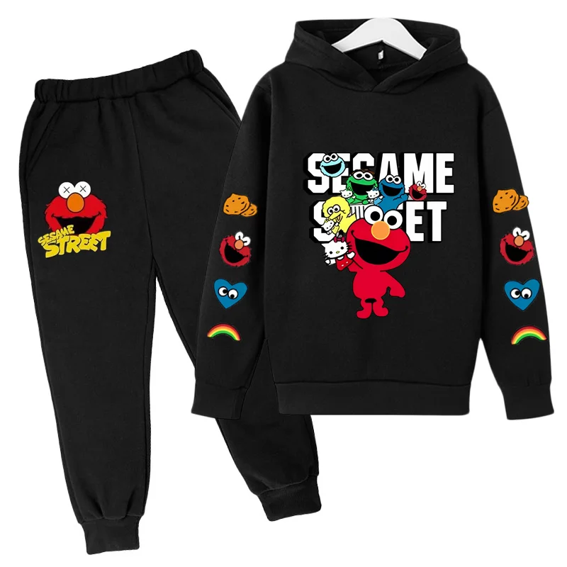 Kids Spring and Autumn Hoodies Boys and Girls Hoodies Waiver Set 2-12 Years Old Kids Casual Sports Top+Pants Sesame Street