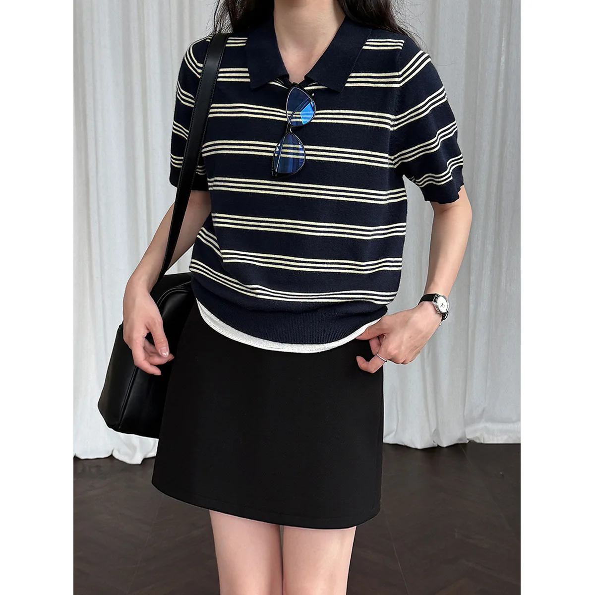 

Striped Polo's Collar Knitted Sweater Top For Women Autumn Color-block Casual Short Sleeve Tops