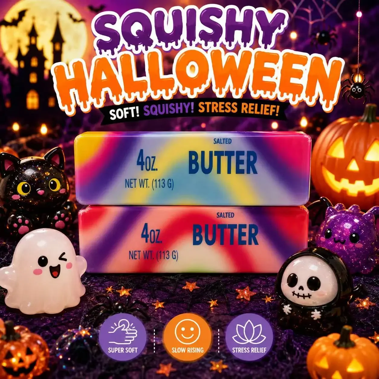 Butter Squishy Toy Slow Rising Stress Relief Squeeze Toy Soft Fidget Sensory Toy Halloween Ghost Rainbow Christmas Gifts