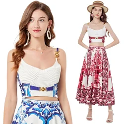 Women Vintage Printed Short Sleeveless Top Maxi Skirt Two Pieces Set