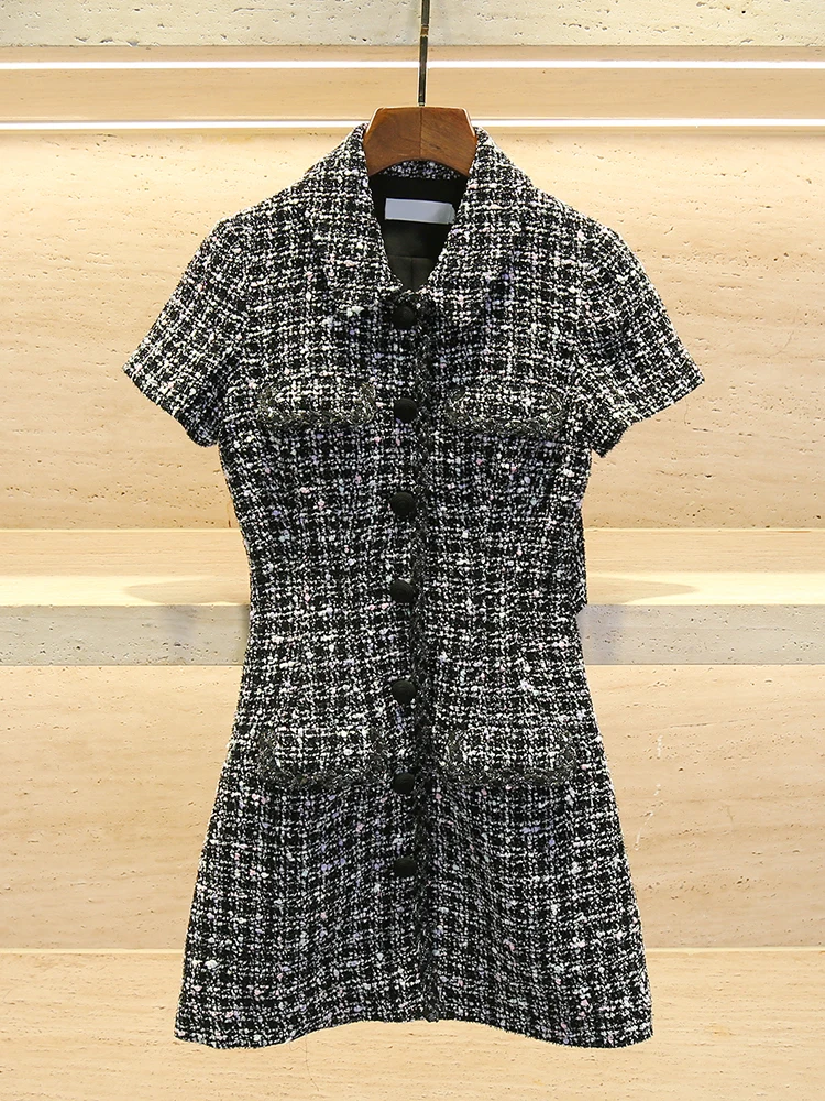 

High Waist A-Line Dr in Bla And White Plaid with Belt And Turn-down Collar ort Sve Spring Faion for Women