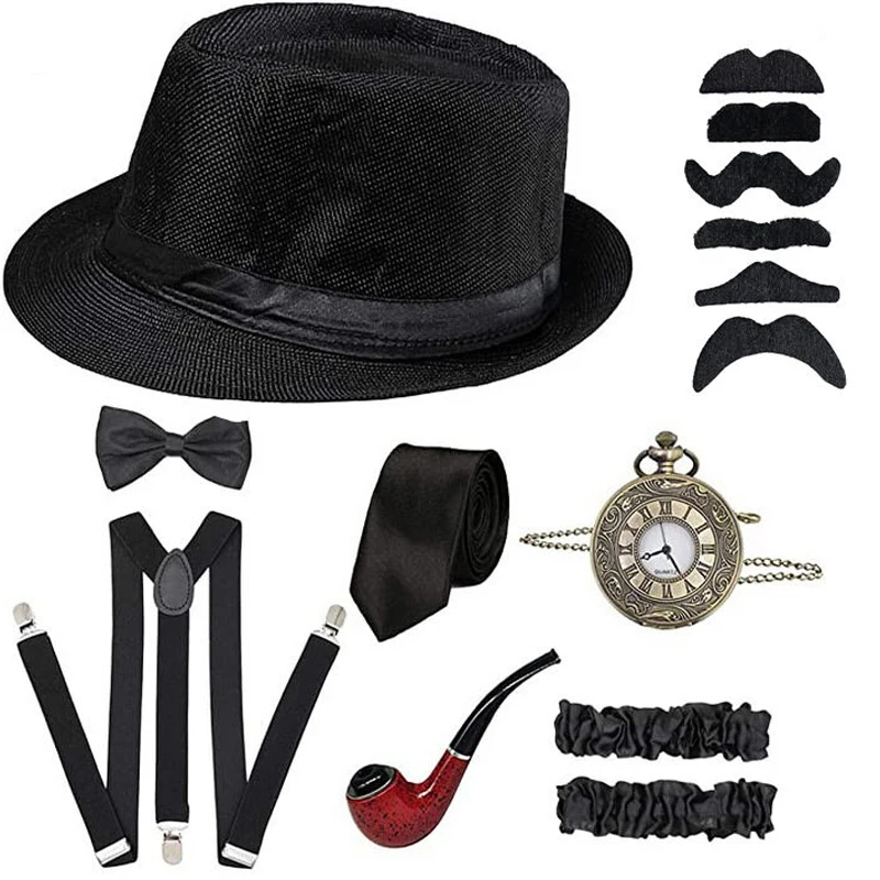 1920s Mens Gangster Accessories Halloween Great Gatsby Cosplay Costume Set - Fedora Newsboy Hat Suspenders Armbands Tied Bowtie