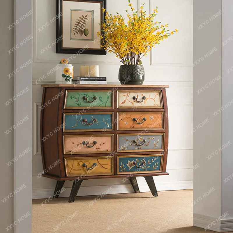 Solid Wood Hand-Painted Storage Multi-Drawer Cabinet Entrance Cabinet European-Style Wall Living Room Decorative Cabinet