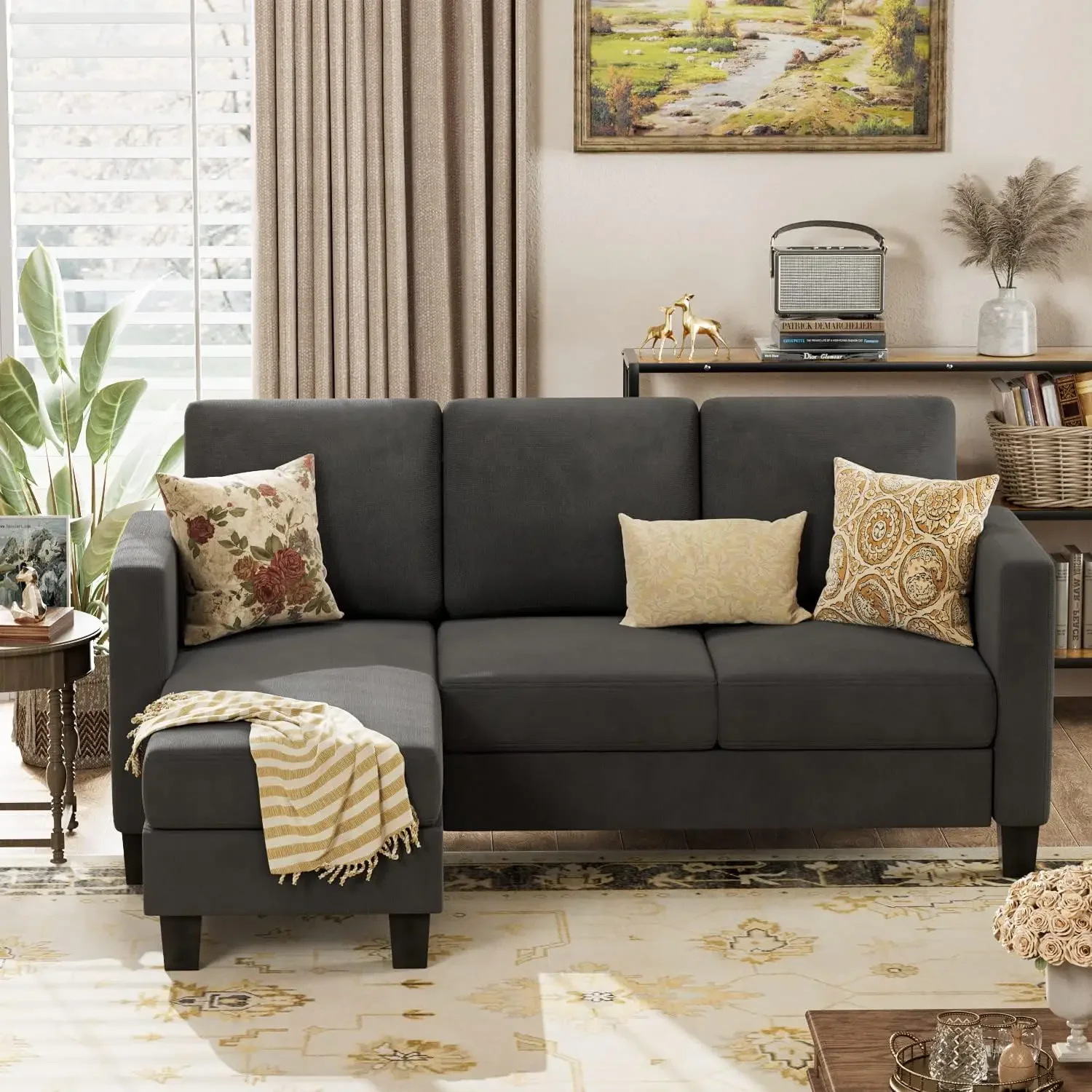 Sectional Sofa Couch, L-Shaped 3 Seat with Linen Fabric and Movable Ottoman, for Small Apartments, Living Room and O