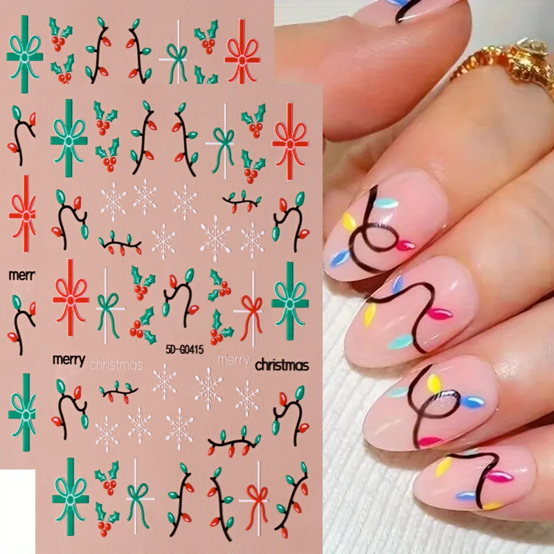 1 Uds. 5D pegatinas navideñas coloridas para decoración de uñas, calcomanías de copos de nieve/regalo/hojas maletas, calcomanías para uñas, manicura DIY, suministros festivos * ^