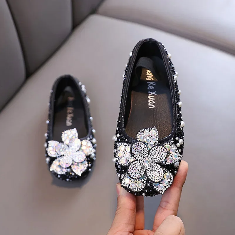 Children Spring Autumn Princess Rhinestones Flowers Sequins Girls Ladies Laser Pearls Performance Dance Shoes Girls Single Shoes