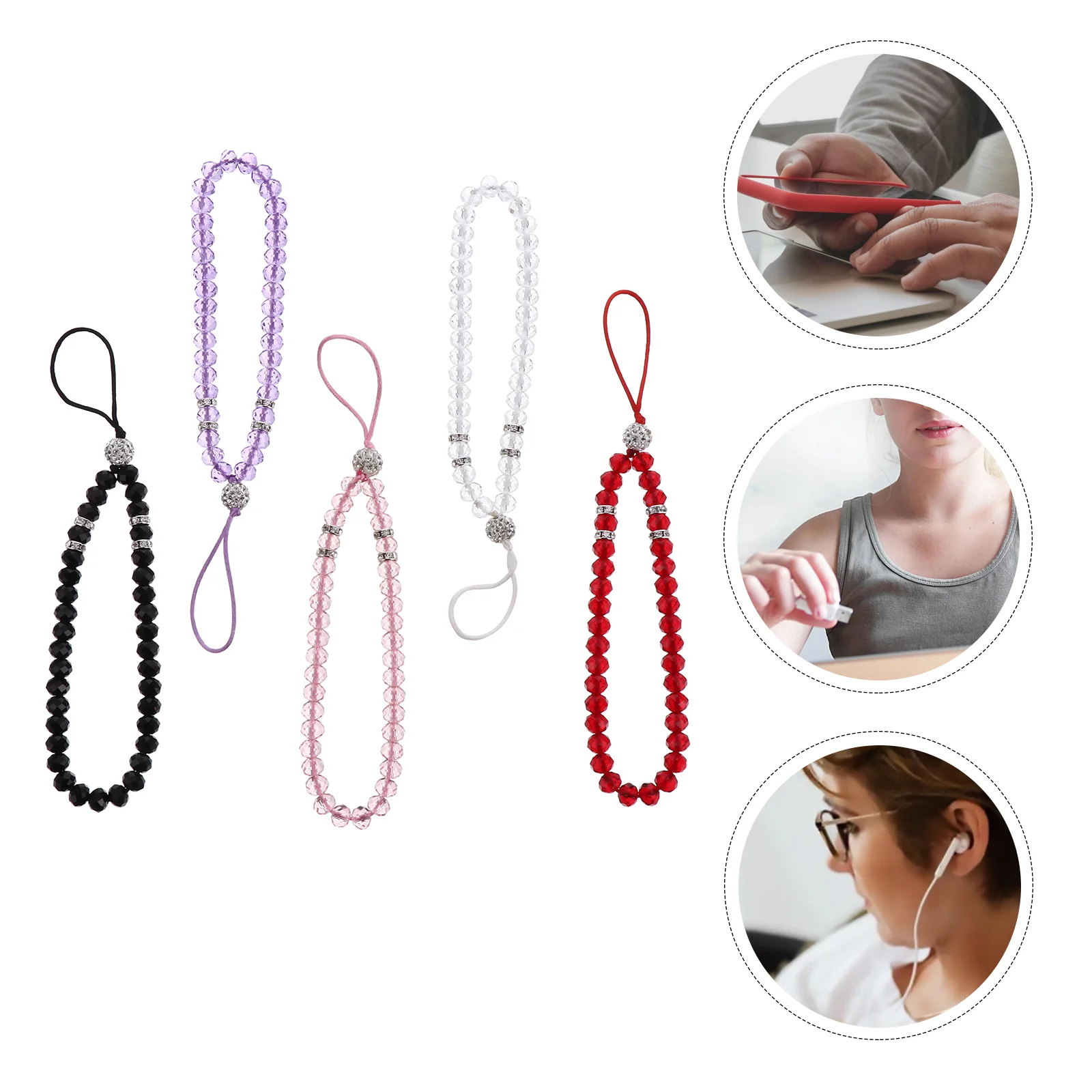 5 Pcs Beaded Lanyard Necklace Charm Pendants Crystal Wrist Strap for MP Security Ornaments -lost Keychain Holder