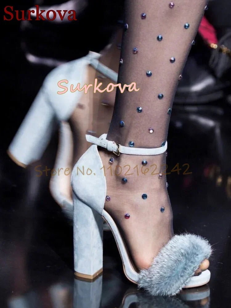 الصيف فو الفراء الصلبة الكاحل التفاف الصنادل الحديثة اللمحة تو كعب مربع كعب الصنادل أحدث فستان أحذية الحفلات الأنيقة للنساء 46 #1