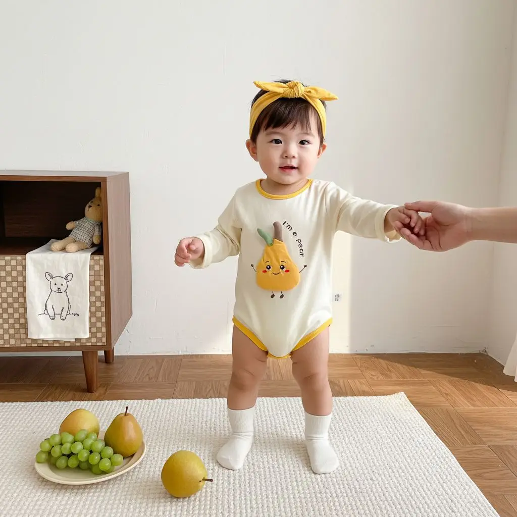 

2026 Spring New Boys and Girls Super Cute Three Dimensional Pear Long Sleeve Bags for Babies and Toddlers Cartoon Jumpsuit