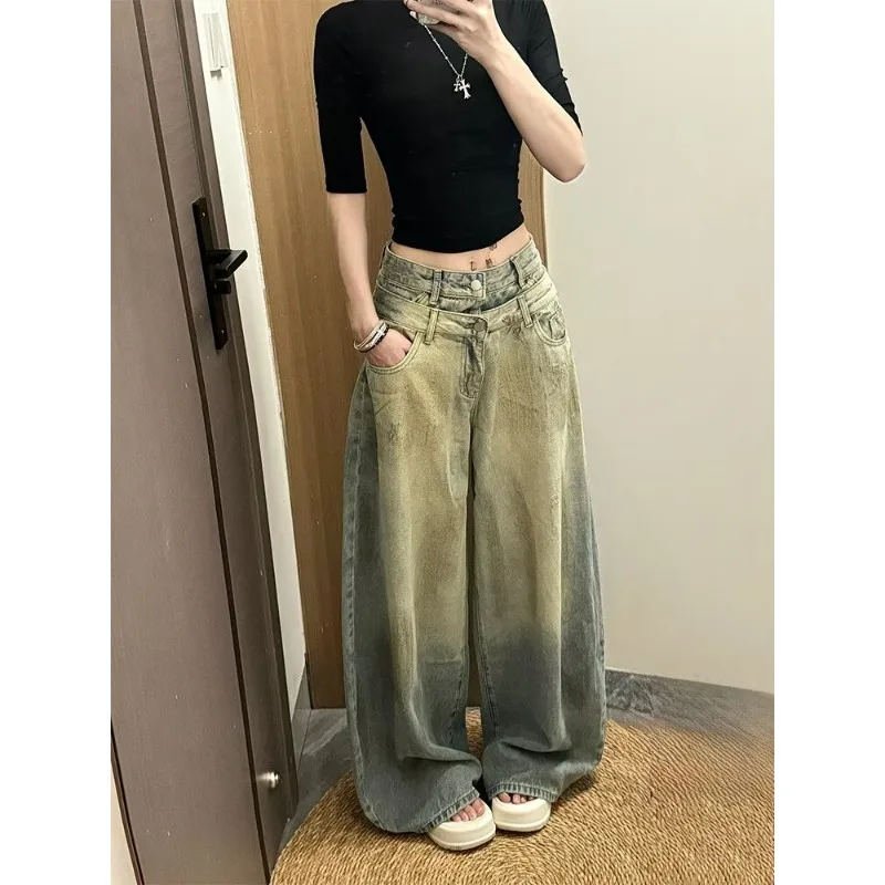 Women American Vintage Wide Leg Jeans Spring Autumn New Loose Drapey A Line Floor Length Denim Trousers