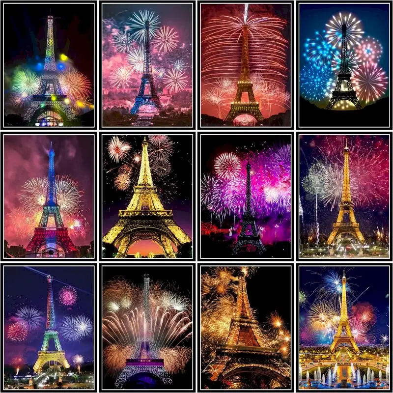 GATYZTORY Paint By Number Fireworks Scenery Diy Frame Picture By Numbers Eiffel Tower Acrylic Paint On Canvas Home Decor