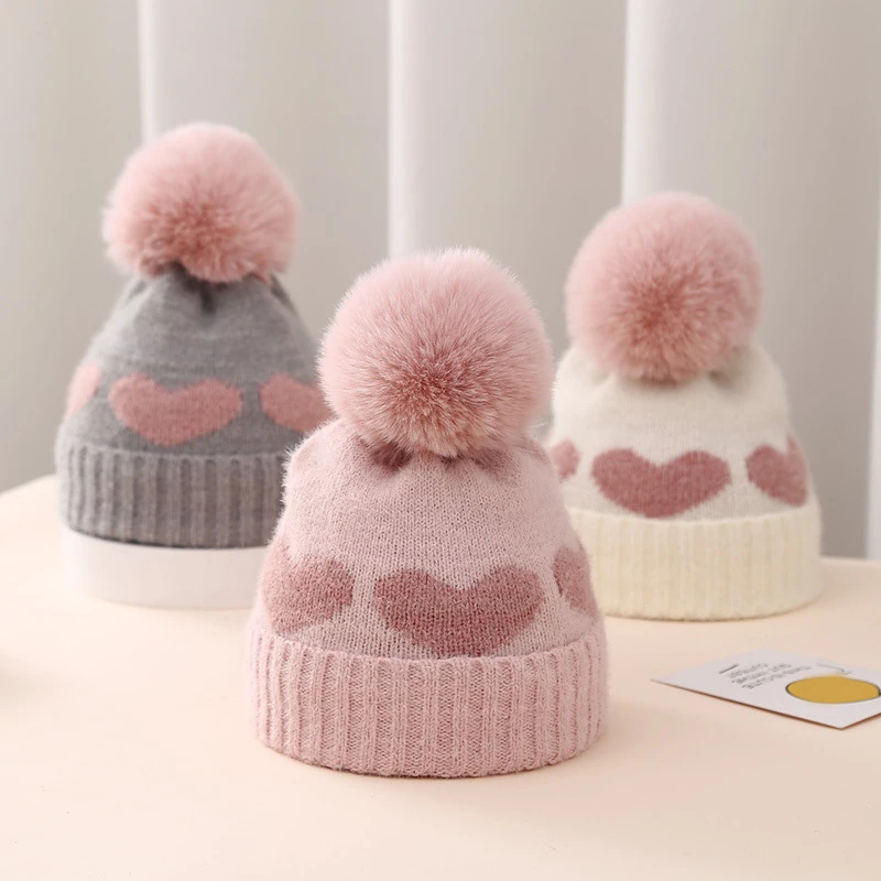 

Faux fur pompom baby hat, heart print knit, autumn and winter newborn baby yarn hat, toddler warm crochet hat