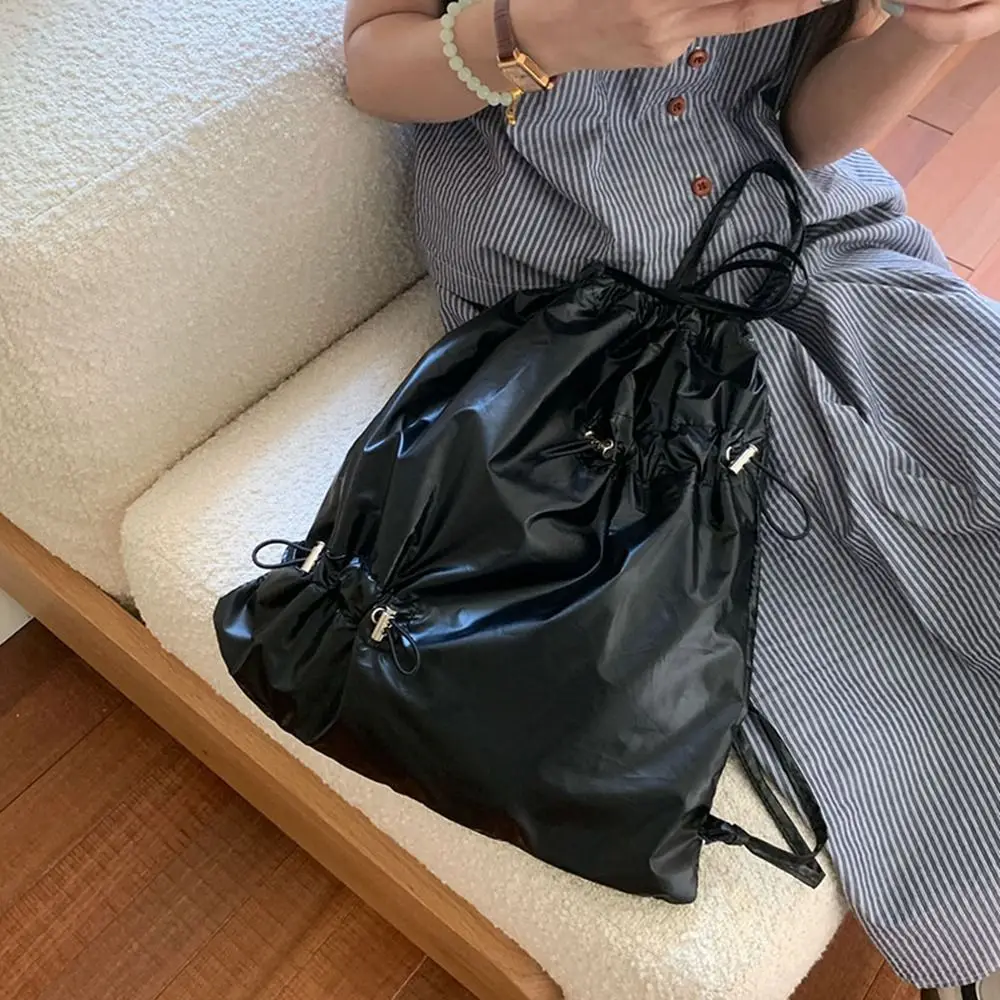 Sweet Korean Style Drawstring Backpack Commute Large Capacity Nylon Ruched Backpack Fold Niche Design Silver Shoulder Bag Women