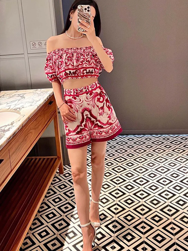 Retro summer 2024 women\'s new temperament sexy printed camisole short top+high waist casual shorts fashion two-piece suit