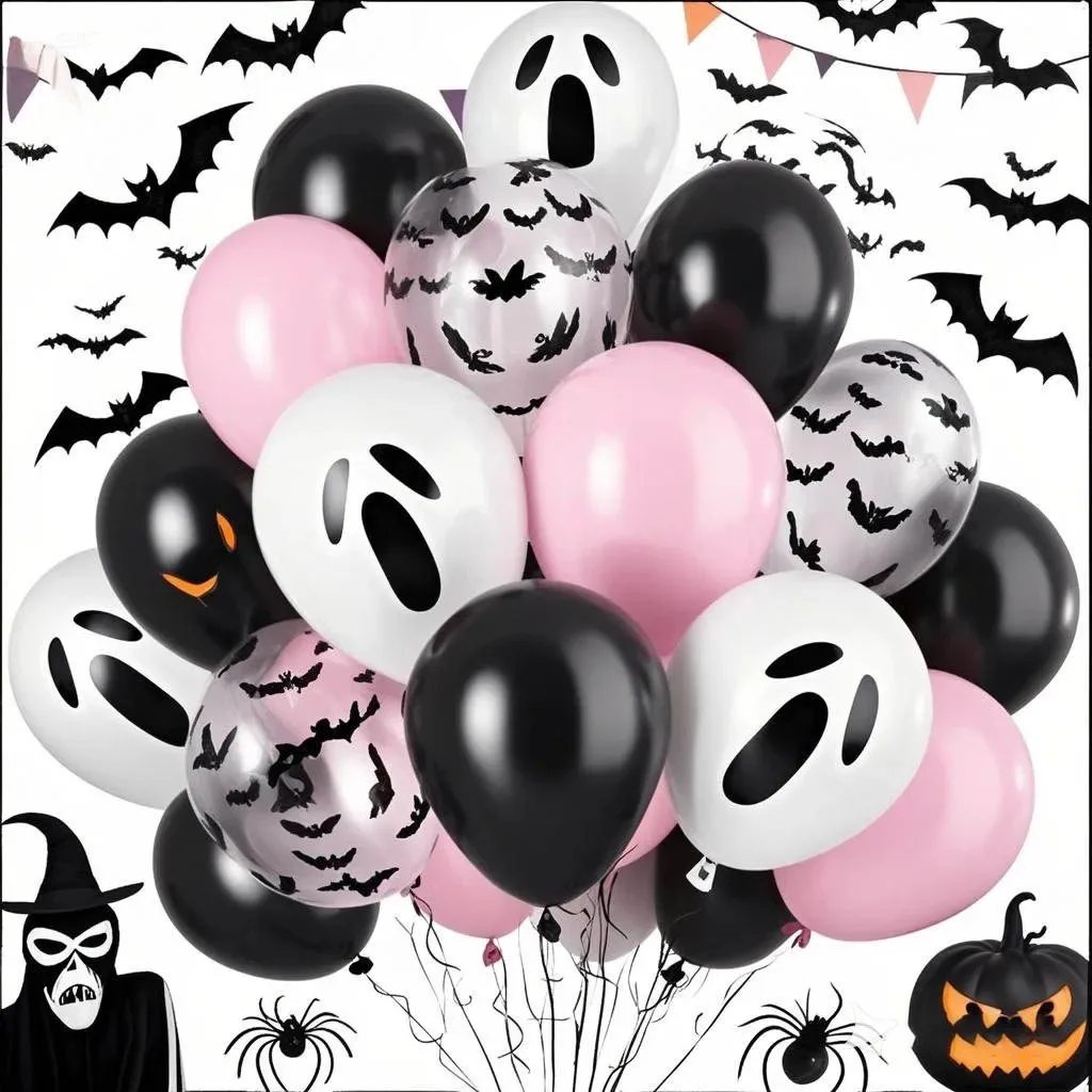 Rosa Schwarz Weiß Halloween Latex-Ballon-Set, Geister- und Fledermaus-Motiv Ballons für Halloween Geburtstagsfeier Bogen-Dekoration Zubehör