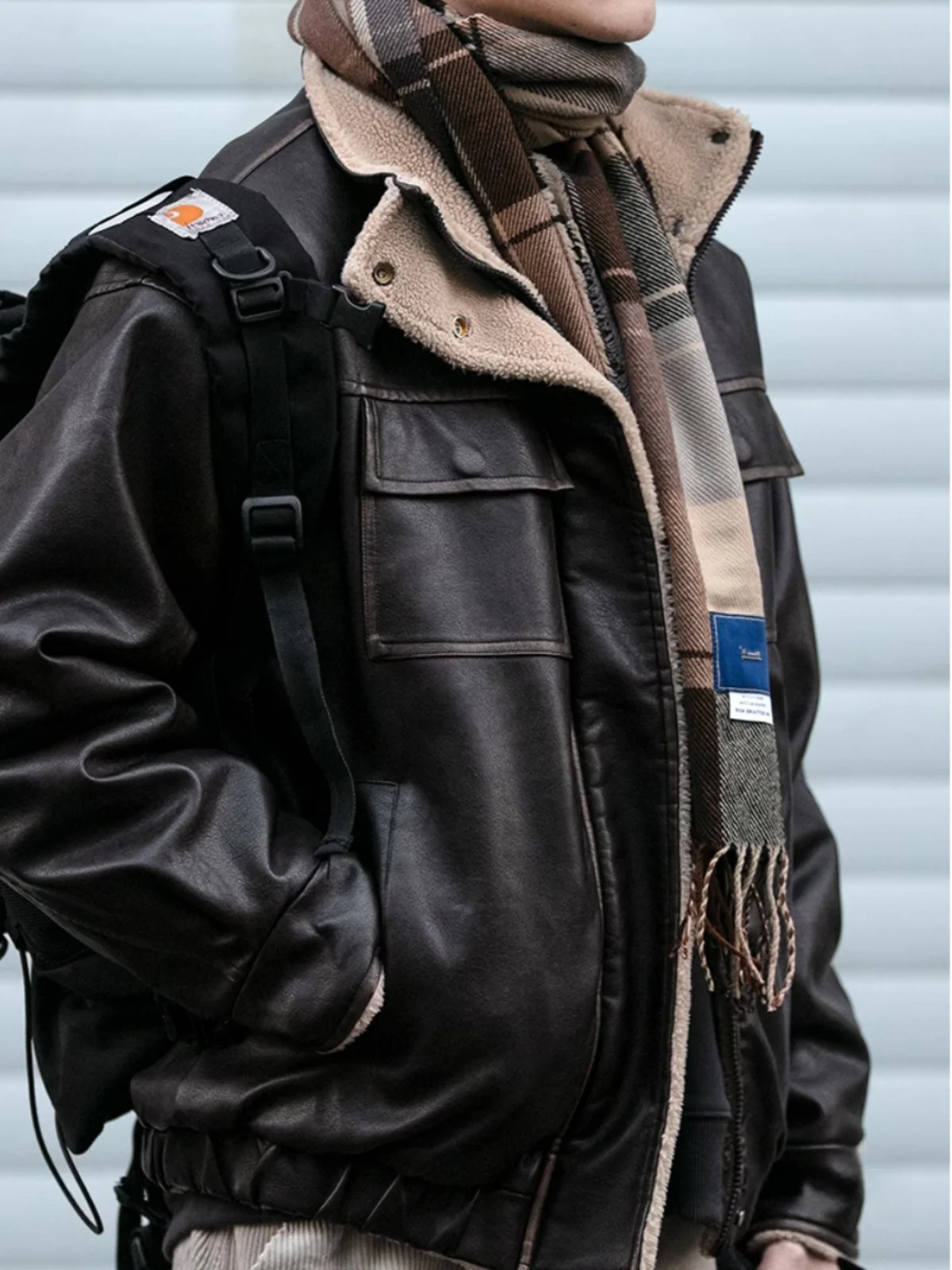 

Retro American Stand Collar PU Leather Cotton Jaet Men's Trendy Brown Thi Warm Lamb Fur Cotton Coat Outerwear