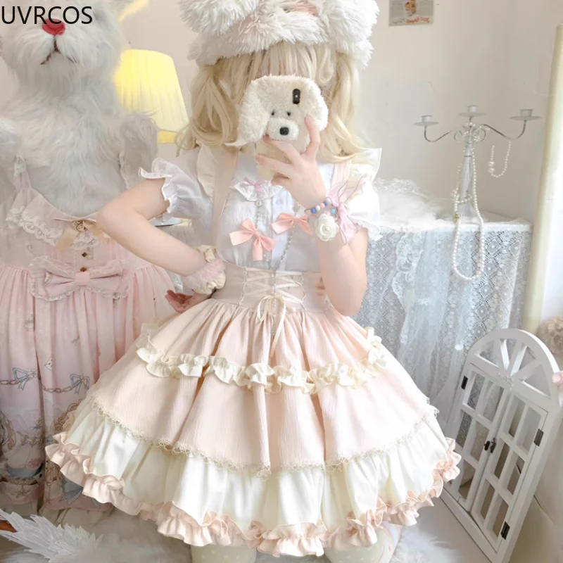 Japanese Kawaii Lolita Jsk Dress Women Gothic Y2k Bow Ruffle Suspender Skirt Punk High Waist Strap Skirts Lolita Cosplay Costume