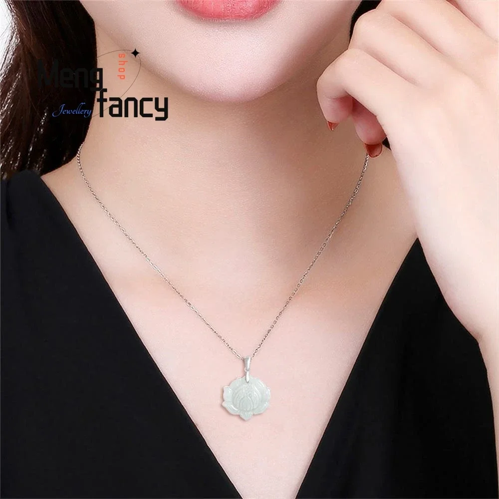 S925 Silver Inlay Natural Myanmar A-goods Jadeite Lotus Pendant Simple Exquisite Elegant Fashion Luxury Jewelry Souvenir Mascots