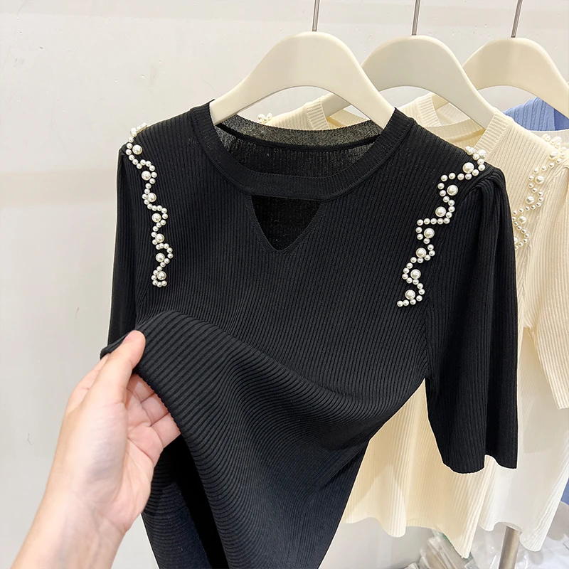 2024 New Summer Diamonds Beaded Ice Silk Knitted T-Shirt Women\'s Fashion O-Neck Short Sleeve Sweater Pullover Knitwear Tops Tees