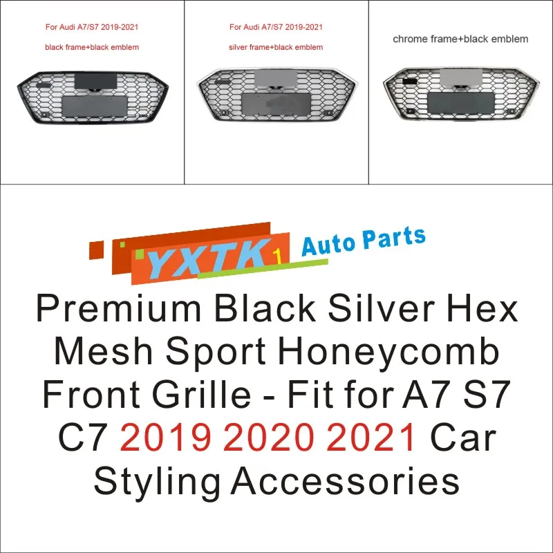 

Premium Black Silver Hex Mesh Sport Honeycomb Front Grille - Fit for A7 S7 C7 2019 2020 2021 Car Styling Accessories