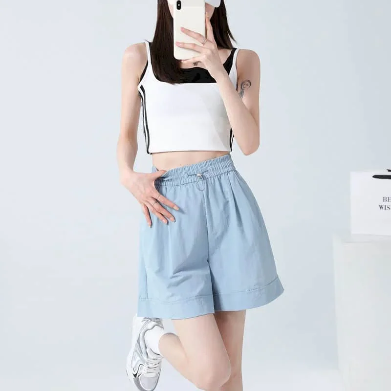 Pantaloncini solidi Donna Casual Paracadute allentato A-line Pantaloncini a gamba larga Stile Safari Pantaloni caldi in vita elastica Streetwear Abbigliamento donna