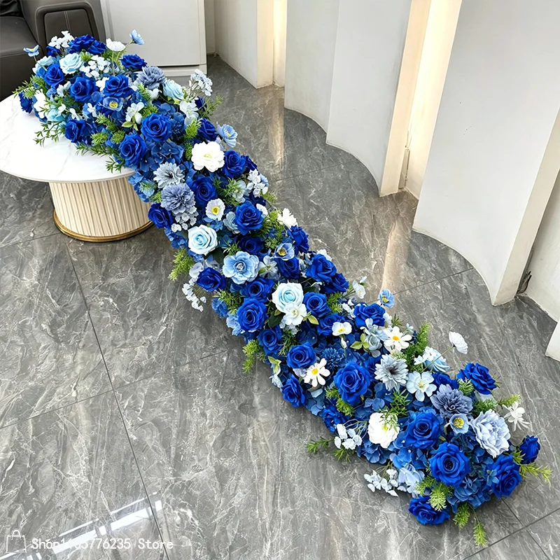 Königsblauer Kunstblumen-Tischläufer, Blumenarrangement-Ball, Hochzeits-Bodenblumenreihe, Gangdekoration, Event-Hintergrund, Dekorationszubehör – Detail 3