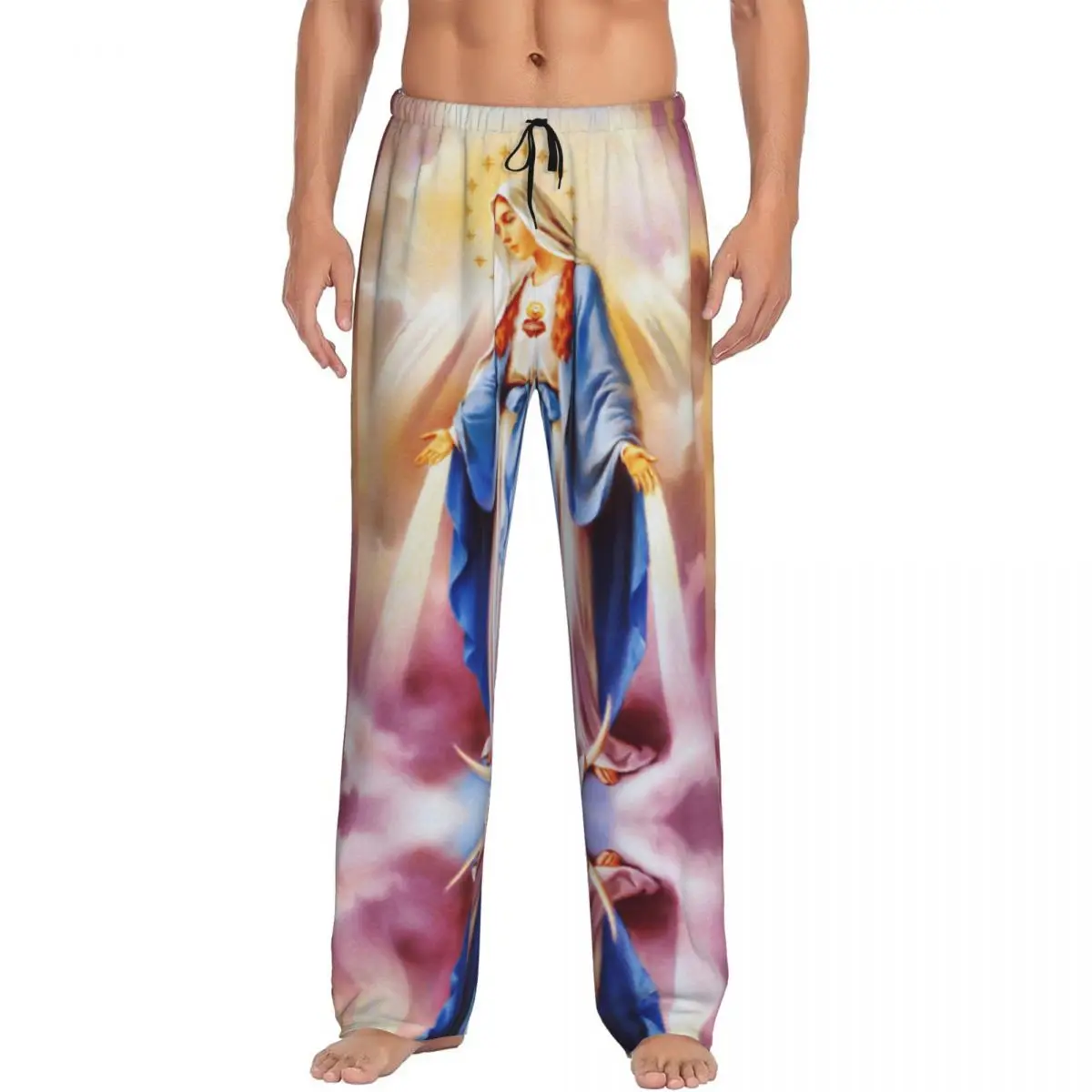 Custom Catholic Virgin Mary Pajama Pants Men's Our Lady of Guadalupe Lounge Sleep Drawstring Sleepwear Bottoms with Pockets