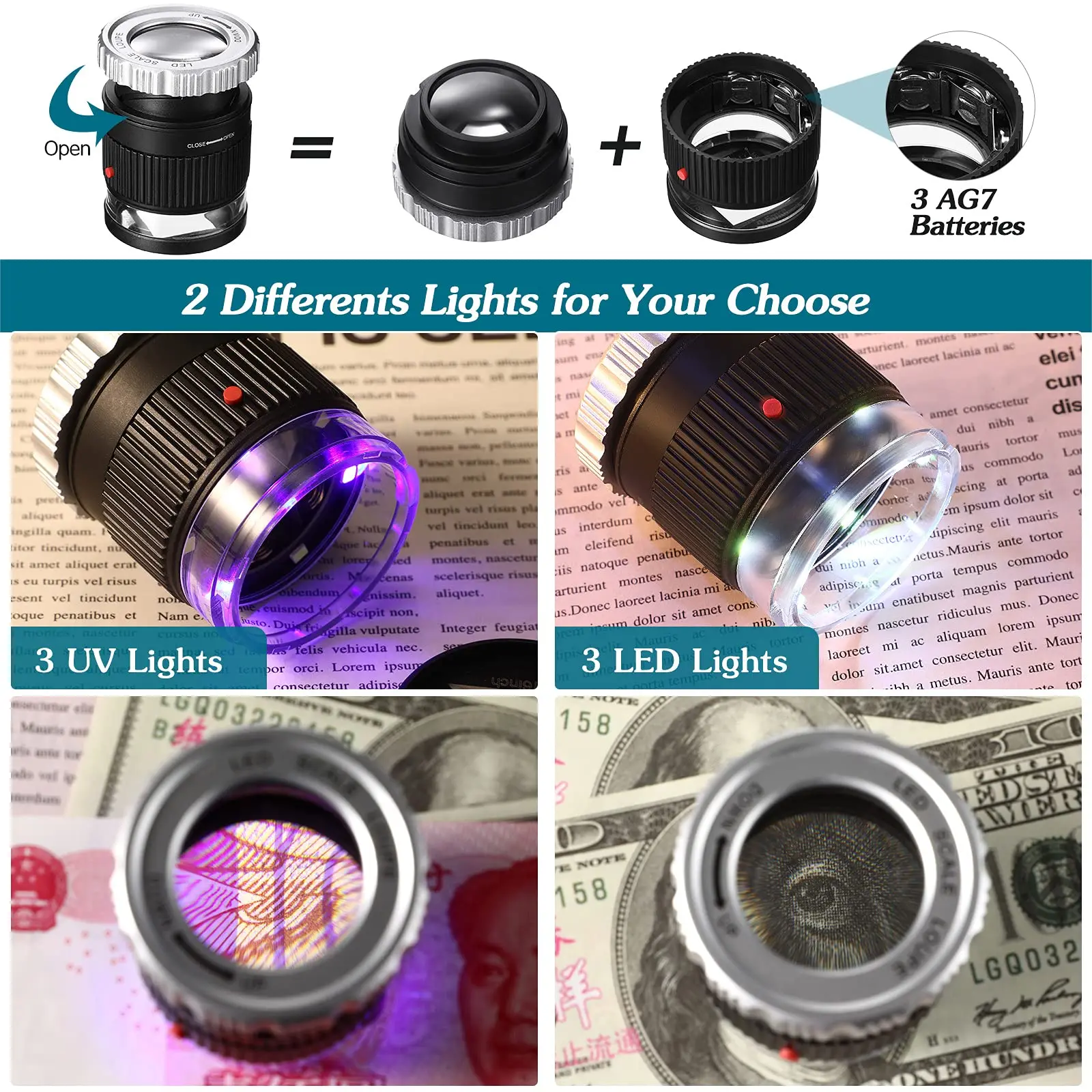 체중계 LED UV 조명 돋보기, 30X 포켓 돋보기, 조절 가능한 초점 HD 루페 쥬얼리 도구, 독서 루파