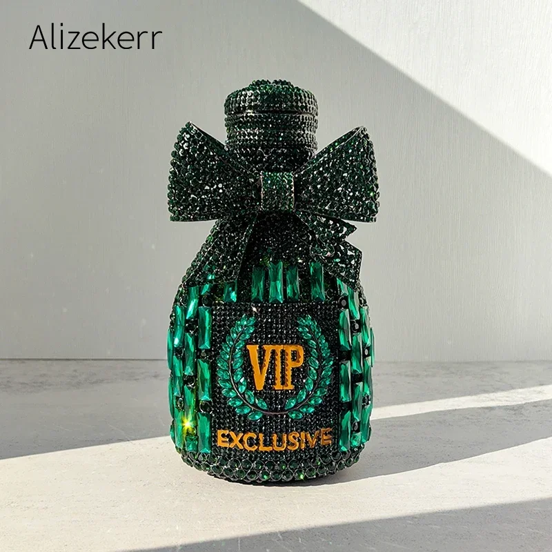 Alizekerr Champagne Bottle Shaped Crystal Evening Bags Women Gorgeous Boutique Diamond Metal Bow Clutch Purses Wedding Party