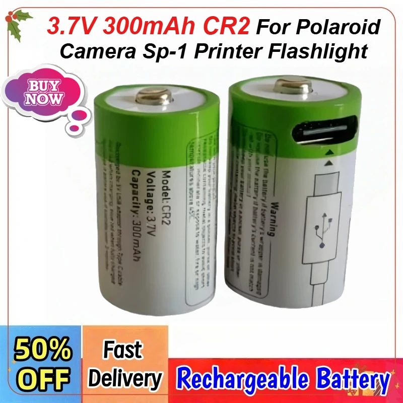 

10pcs/lot CR2 Rechargeable Lithium Battery 3.7V 300mAh USB TYPE-C Charging Port, For Polaroid Camera Sp-1 Printer Flashlight