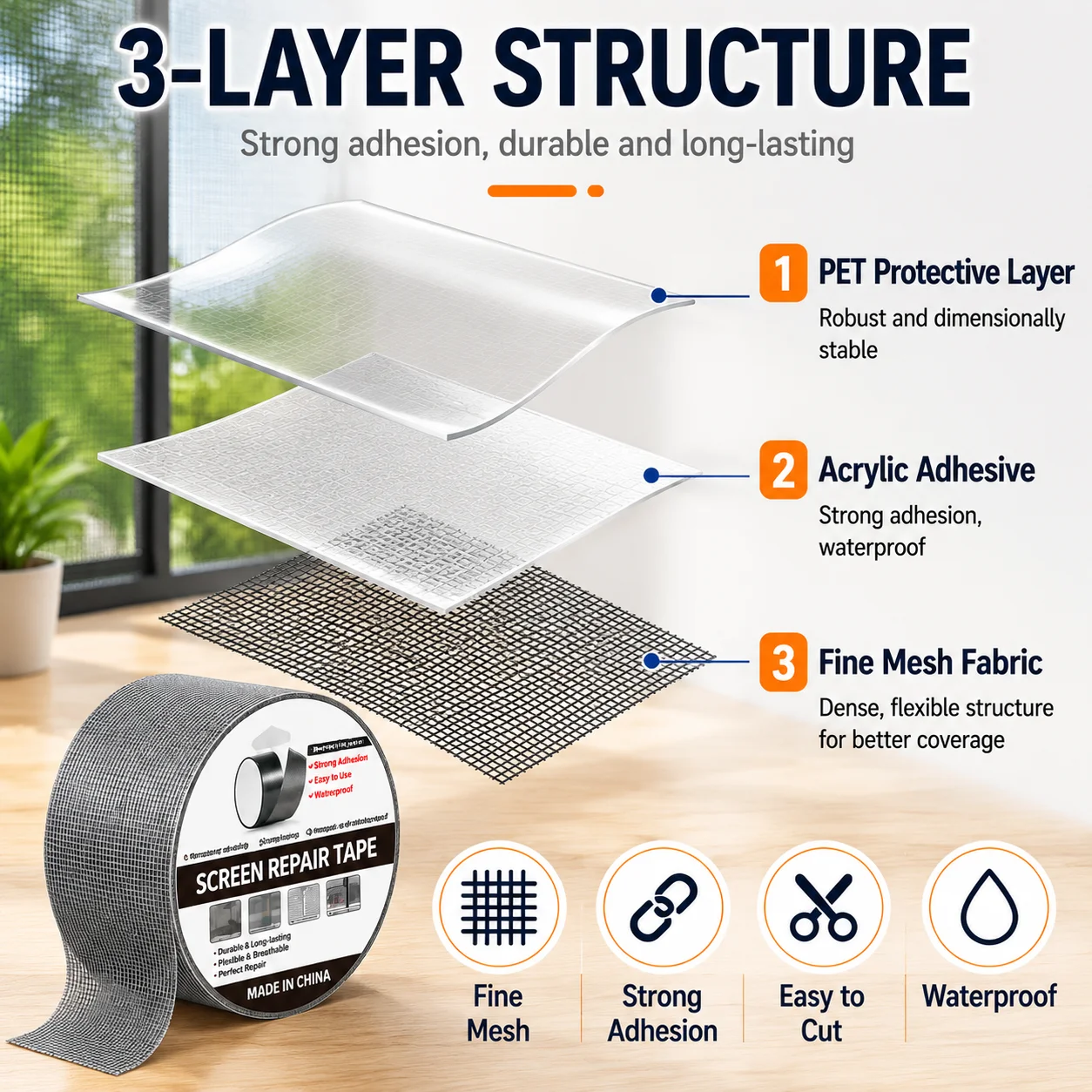4-Pack Window Screen Repair Tape, Self-Adhesive Mesh Patch for Mosquito Net, Easy Cut Strong Adhesion Screen Fix 5cm x 2m