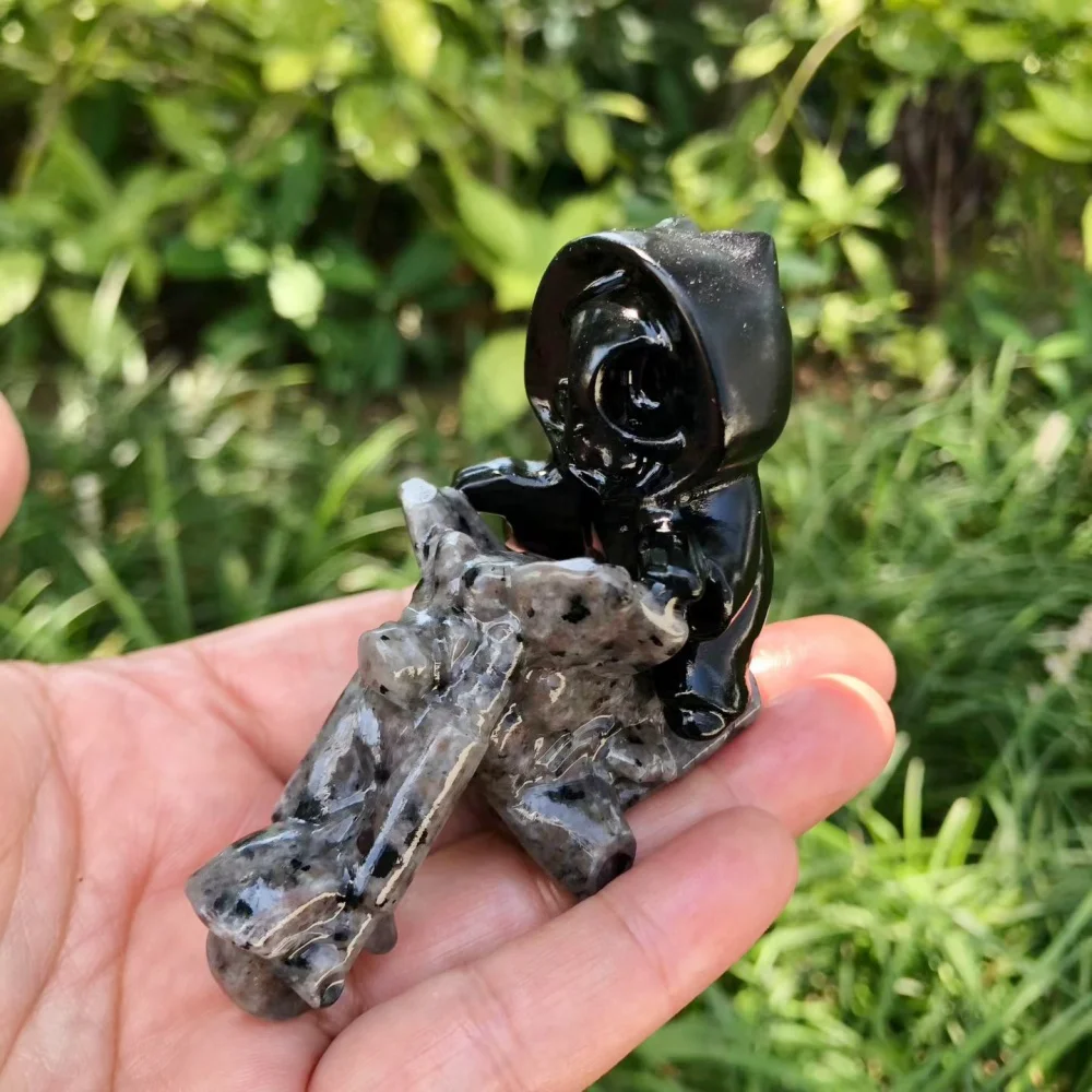 Mixed Gemstone Ghost Riding Motorcycle Figurine Hand Carved Crystal Ghost Statue Gothic Funny Home Decor Gift