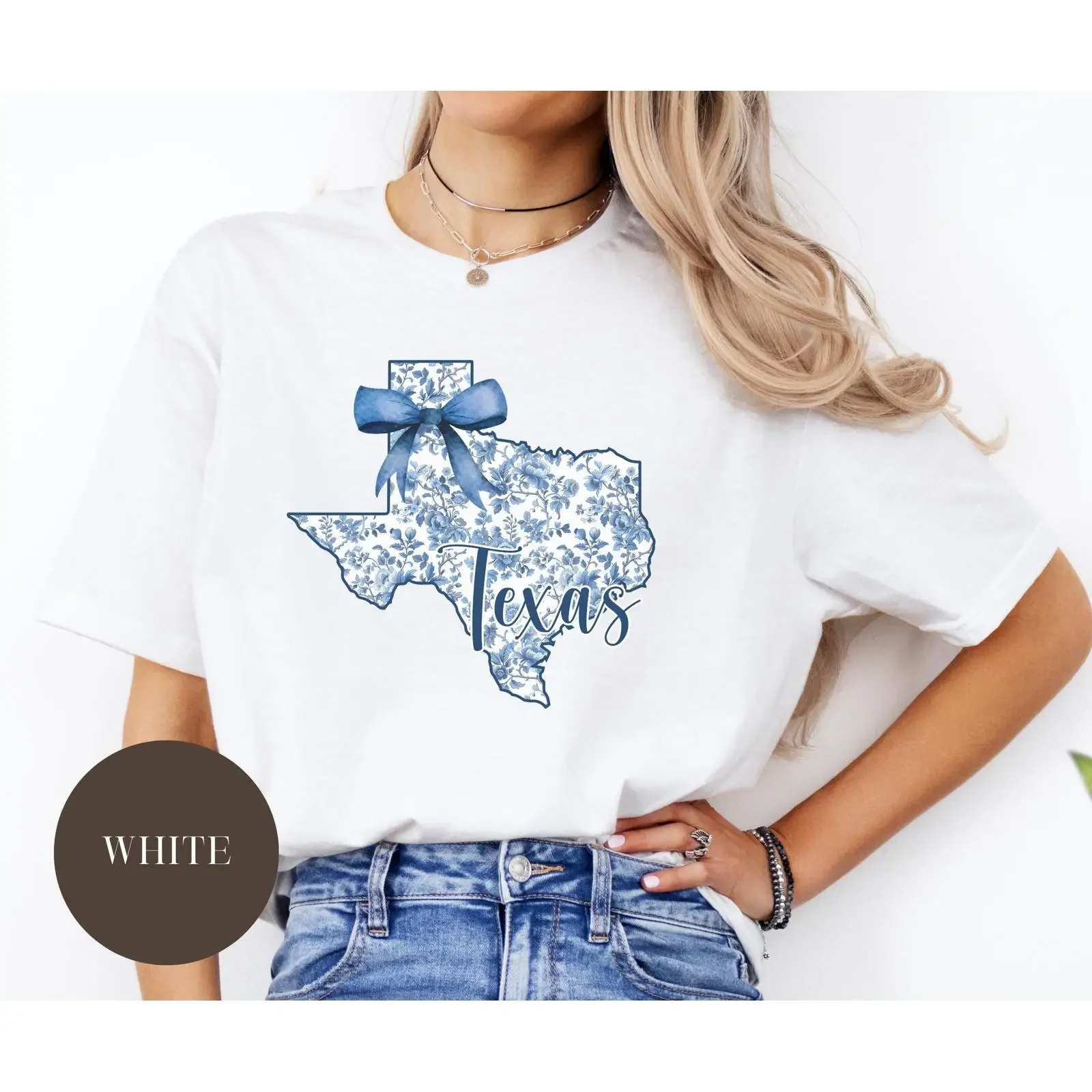 Women's Coquette Toile Texas T Shirt Blue Floral Bow TX Native Preppy Americana Cottagecore Girly Grandma Chic Casual Top