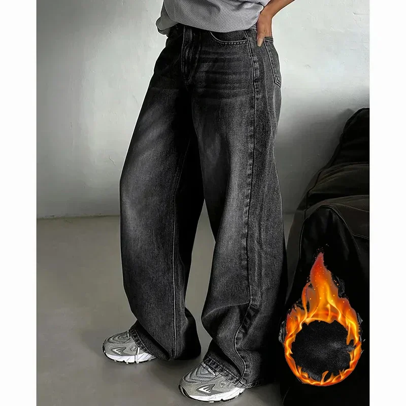 Pantalones vaqueros finos de cintura alta térmicos de felpa para mujer, pantalones vaqueros cálidos de lana para nieve, pantalones de pierna recta cómodos para mujer