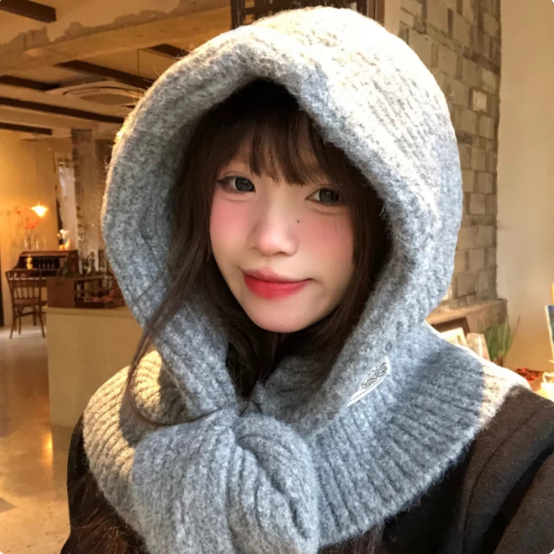 النسخة الكورية من البلوز البسيط بالاكلافا القبعات النسائية الشتاء في الهواء الطلق محبوك سنود المتكاملة الرقبة الدانتيل متابعة قبعة صغيرة دافئة قبعات