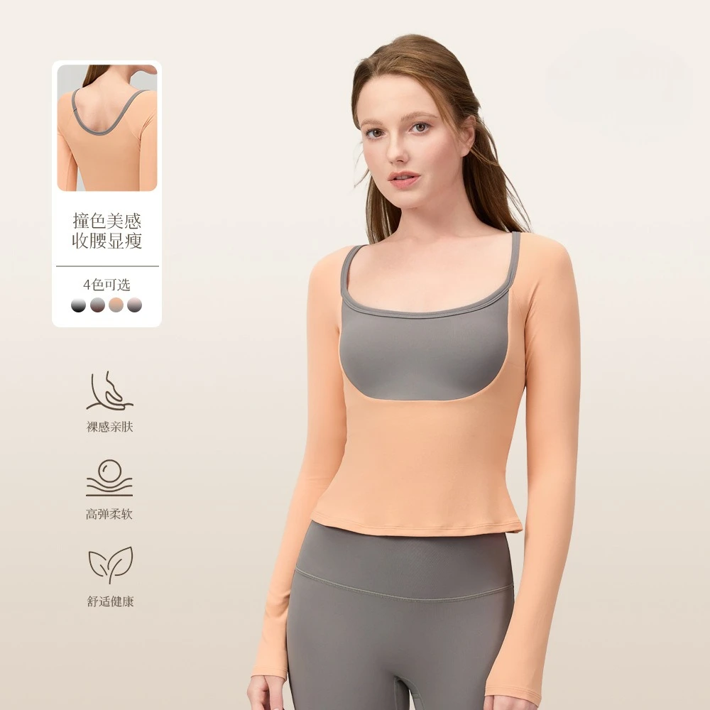 Color Blocking Long Sleeved T-shirt, Semi Fixed Cup, Running Slim Fit Sports Bra, Breathable Fitness Suit Top