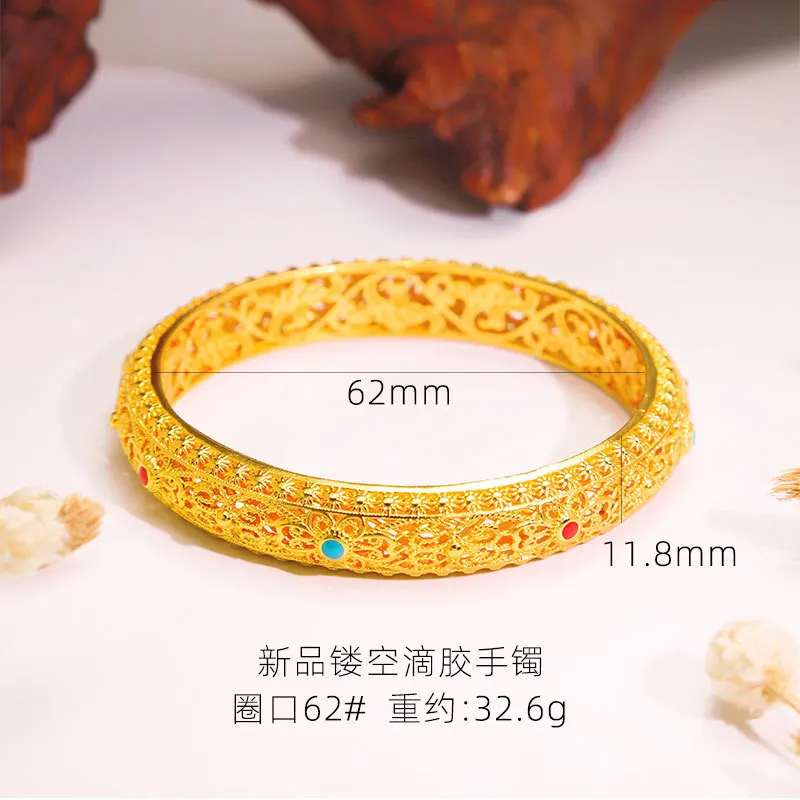 Copper Electroplated Gold Ancient Method Sand Gold Enamel Color Hollow Filigree Resin Bracelet  Noble Concubine Closed Bracelet