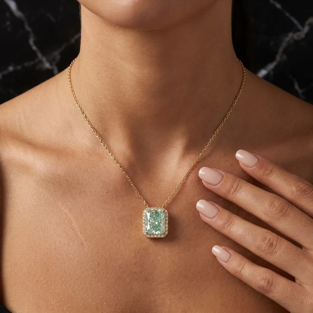 Bocarman Mintgrüner rechteckiger Anhänger aus S925-Silber, platiniert, mit eisgeschnittenem Zirkon, Halskette für Damen, hypoallergener Schmuck – Detail 2