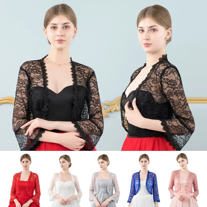 Women Elegant Flared Sleeves Lace Cardigan Bride's Wedding Shawl Open Front Shrug Shawl And Wraps Casual Bolero Lady Coat Tops